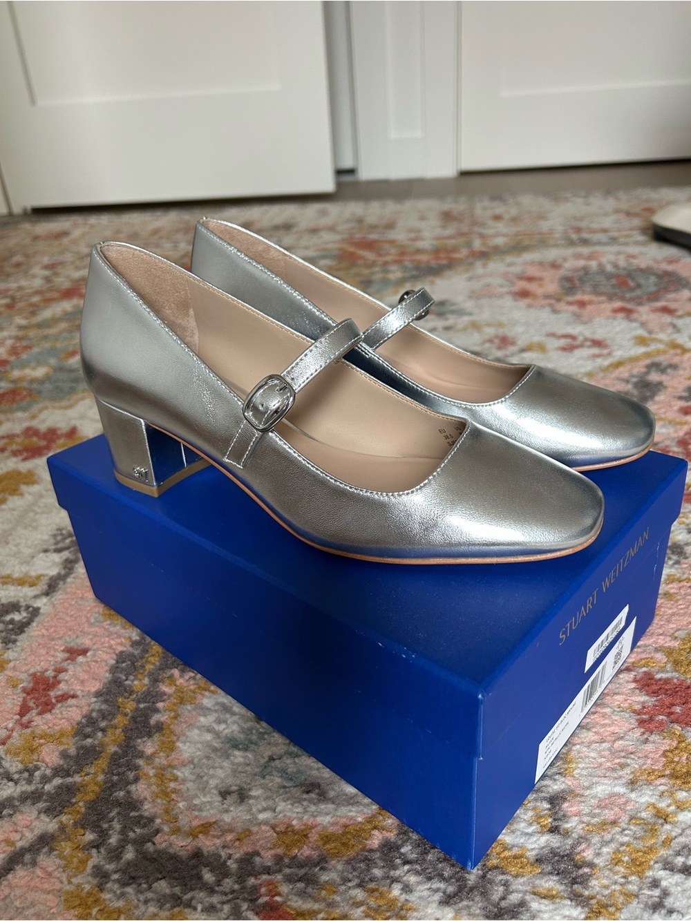 Stuart Weitzman Metallic Silver Mary Jane Block Heels